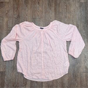 Chaps Ralph Lauren 100% Cotton Striped Blouse Size: XL Pink Gathered Neck Henley